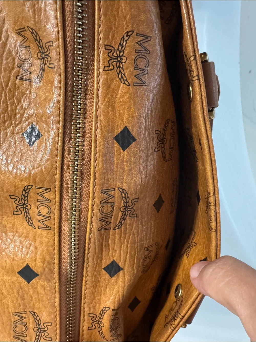 MCM Cognac Visetos Barrel Satchel with Gold Hardware